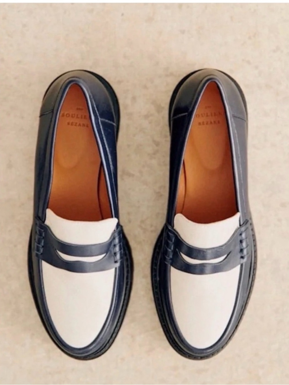 Sezane Navy and White Leather Penny Loafers